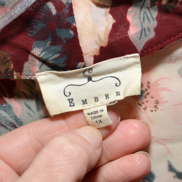 Plus Size 1X Ember Burgundy Vintage Style Floral Semi-Sheer Tie-Front Tank - Picture 6 of 11